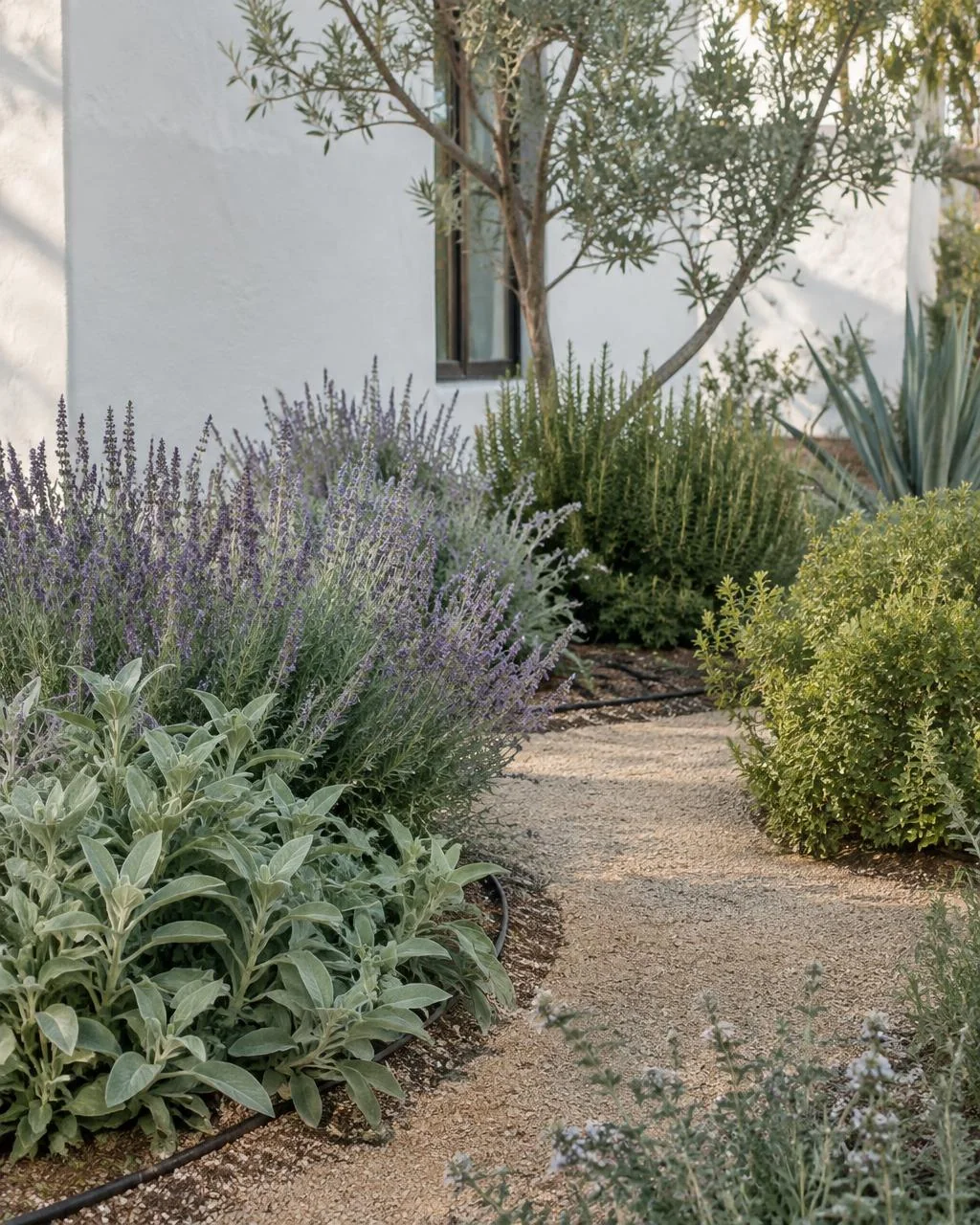 Drought-tolerant garden with lavender and sage beside a white stucco wall
