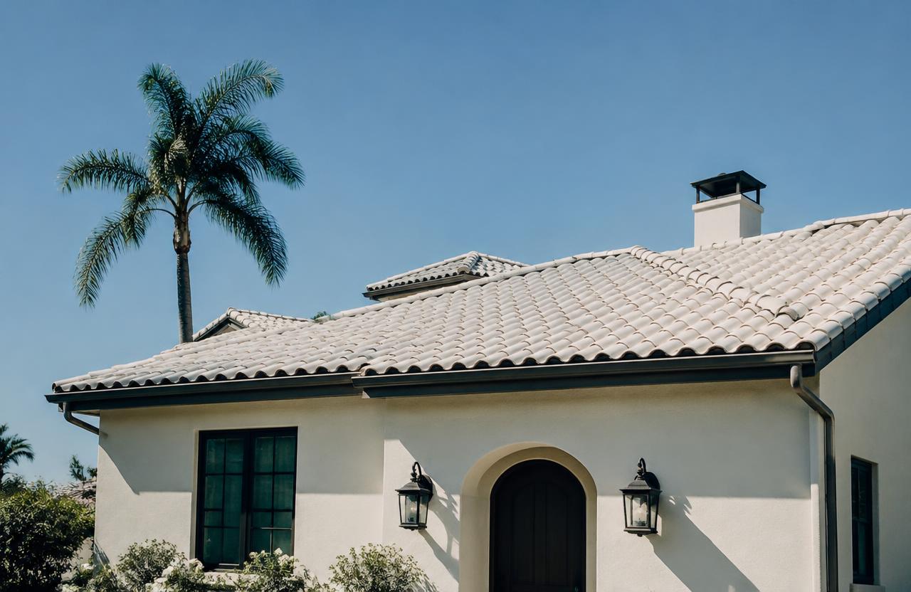 Illustrative reflective cool roof on a single-story Valley-style home