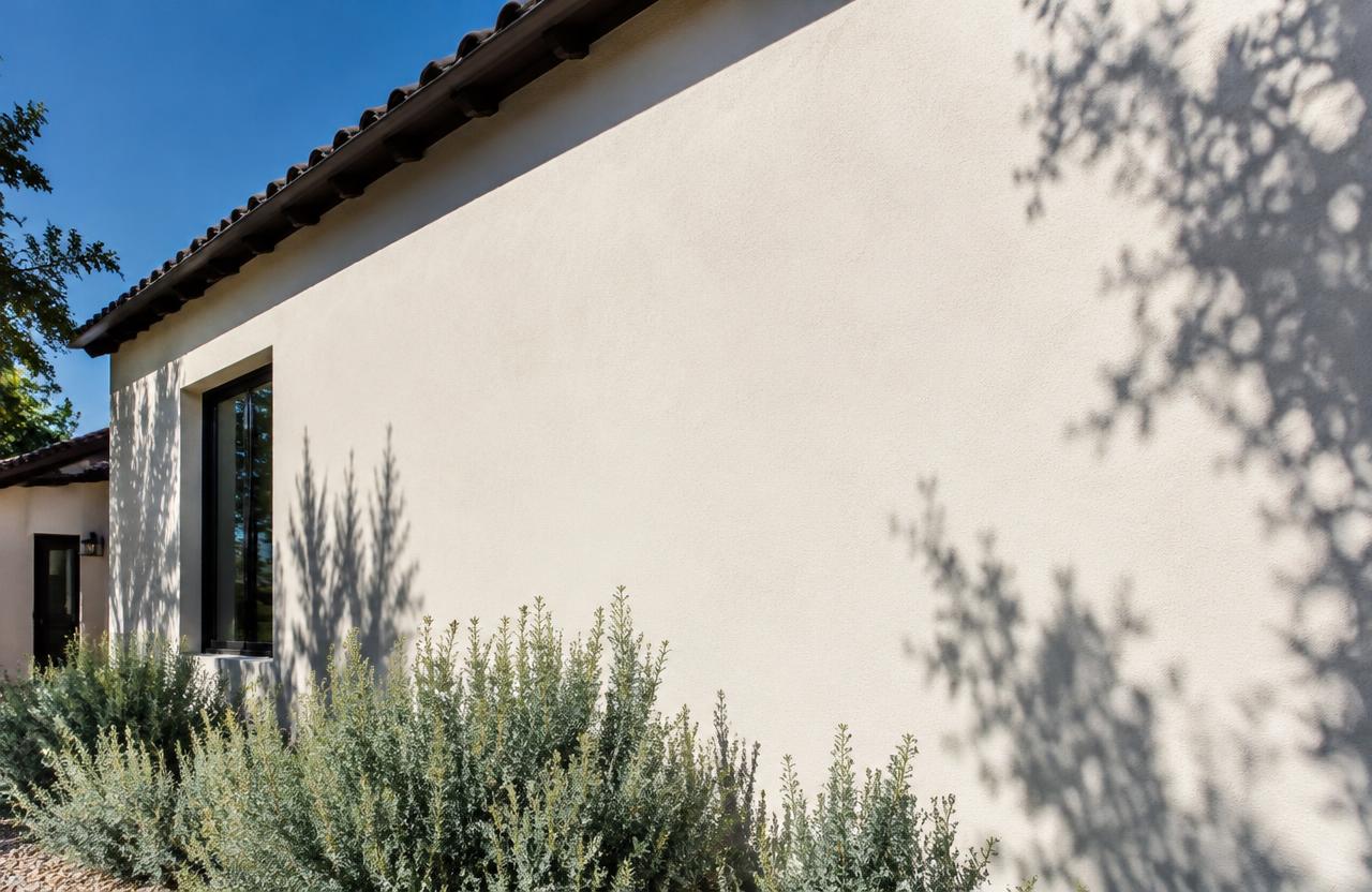 Close view of a warm-white stucco exterior wall in bright sun with soft shadows