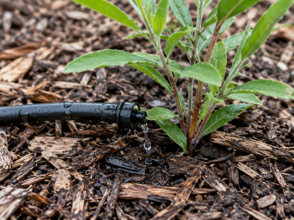 Drip irrigation emitter watering the base of a young plant in bark mulch