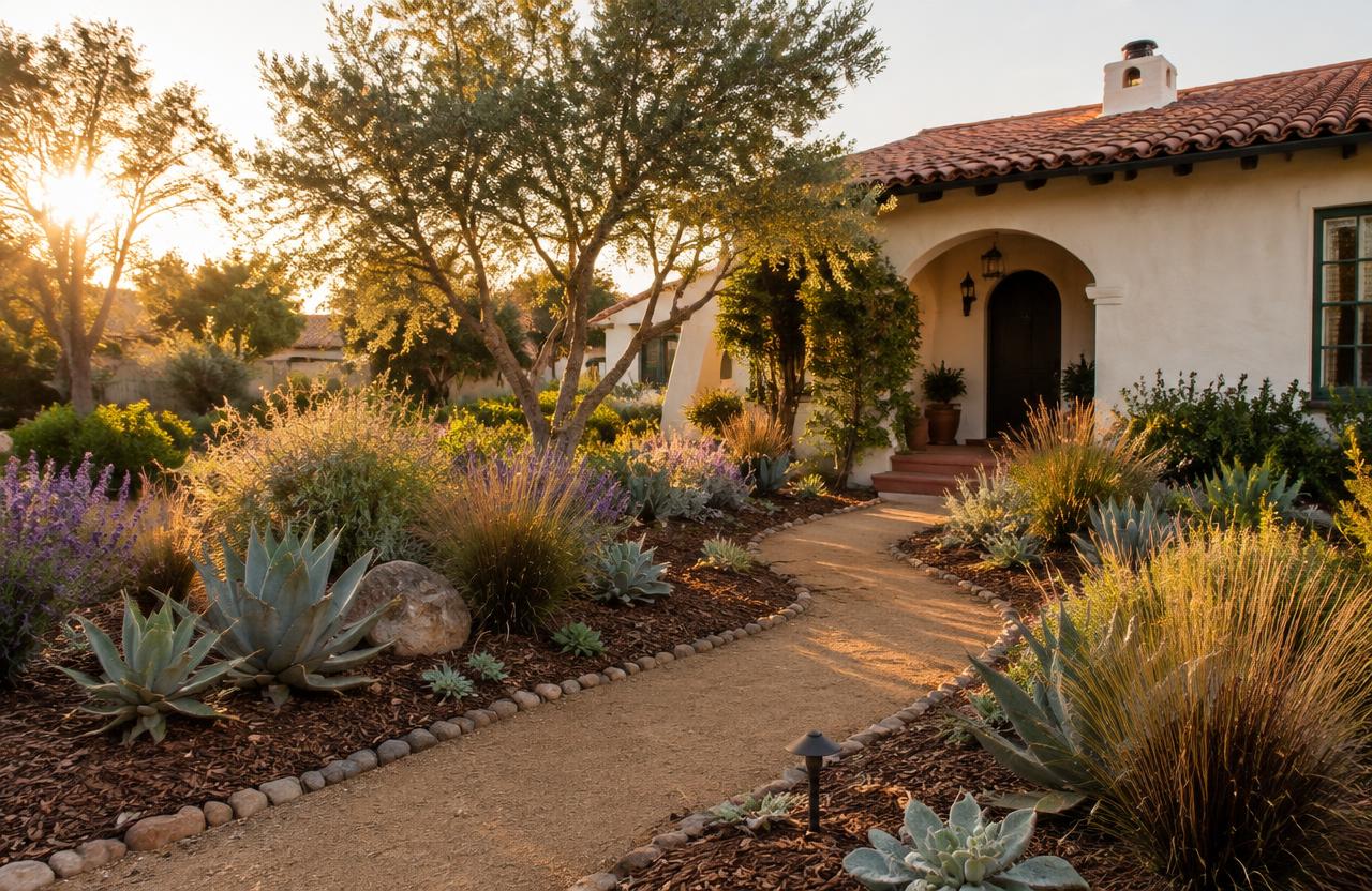 Drought-tolerant front garden with native plants and a decomposed granite path