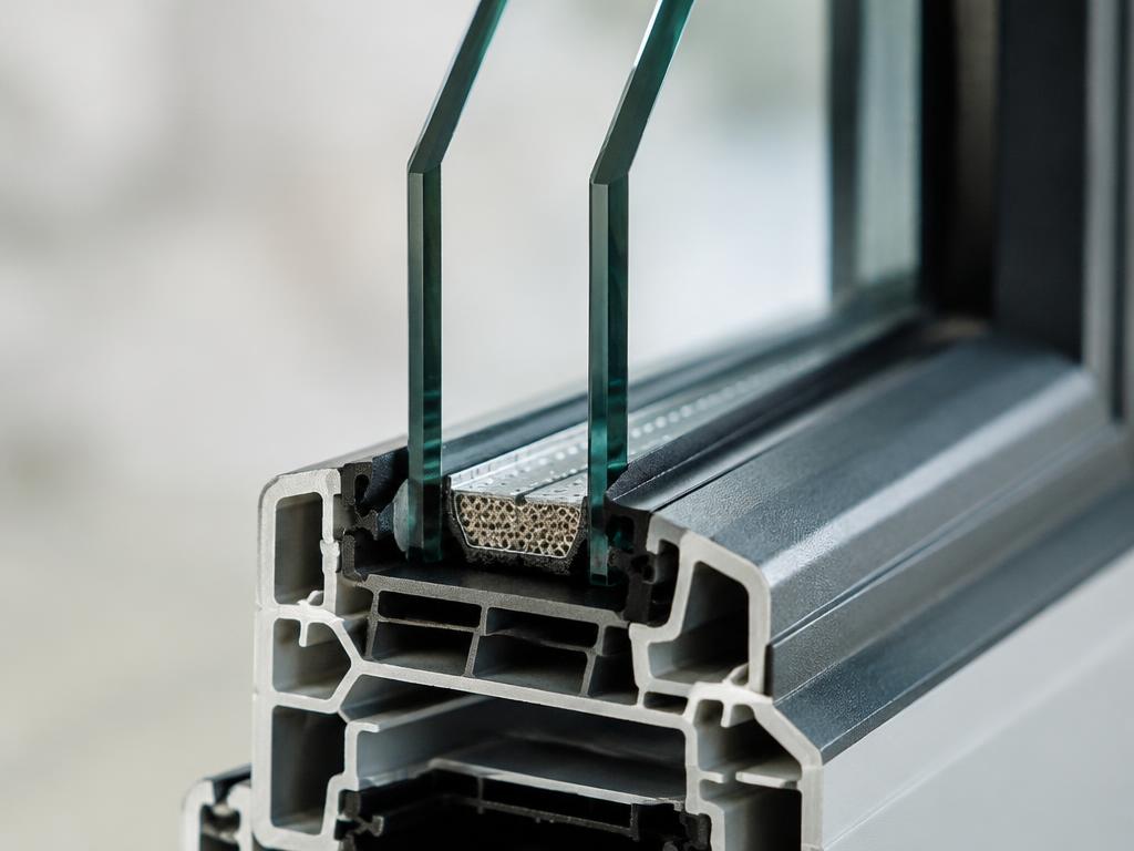 Cross-section of a dual-pane window frame showing two glass panes and an insulating spacer