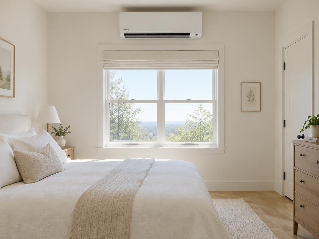 Wall-mounted ductless mini-split unit above a bedroom window