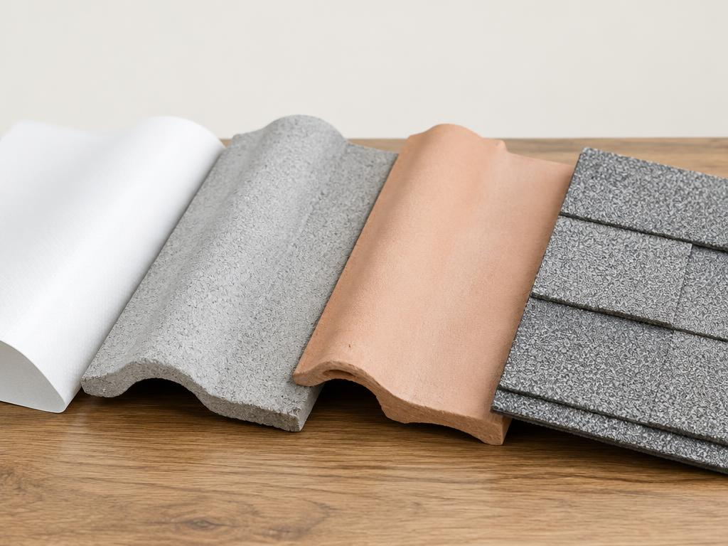 Samples of a white roof membrane, gray concrete tile, terracotta tile and light asphalt shingle side by side