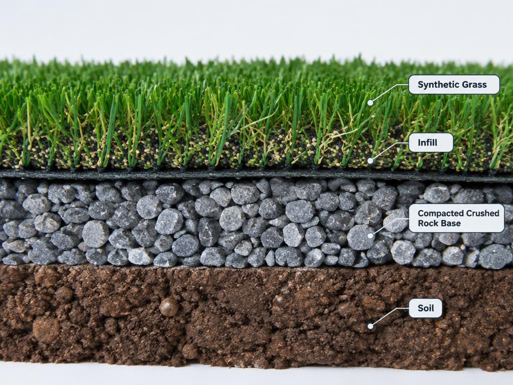 Cross-section showing synthetic grass with infill over a compacted crushed rock base and soil