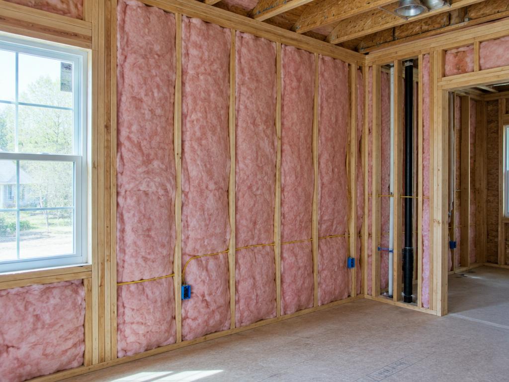 Open wall framing filled with fiberglass batt insulation during a remodel
