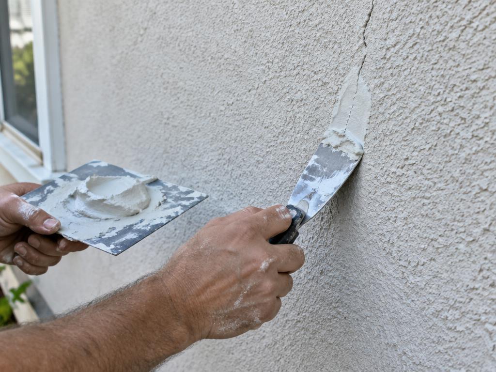 Hands patching a hairline crack in textured stucco with a putty knife