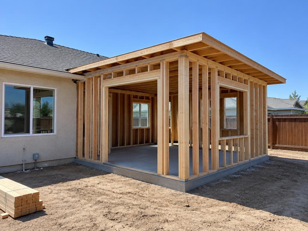 Wood framing of a single-story addition connected to an existing stucco house