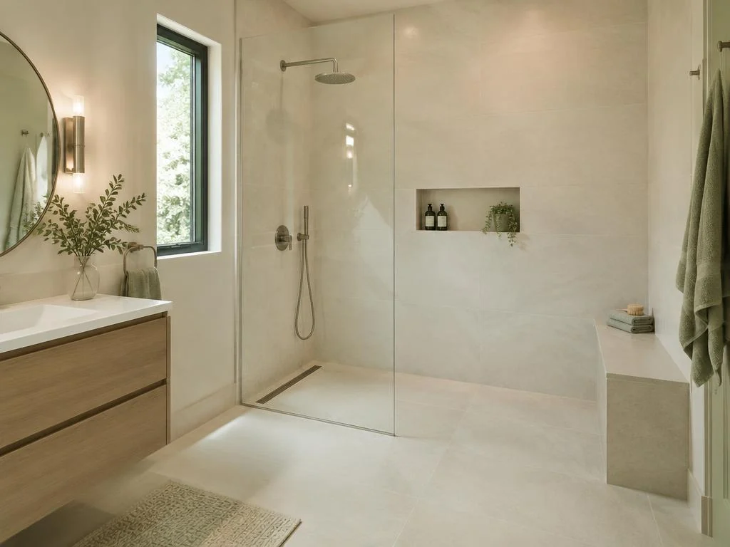 Illustrative walk-in shower with tile and glass enclosure