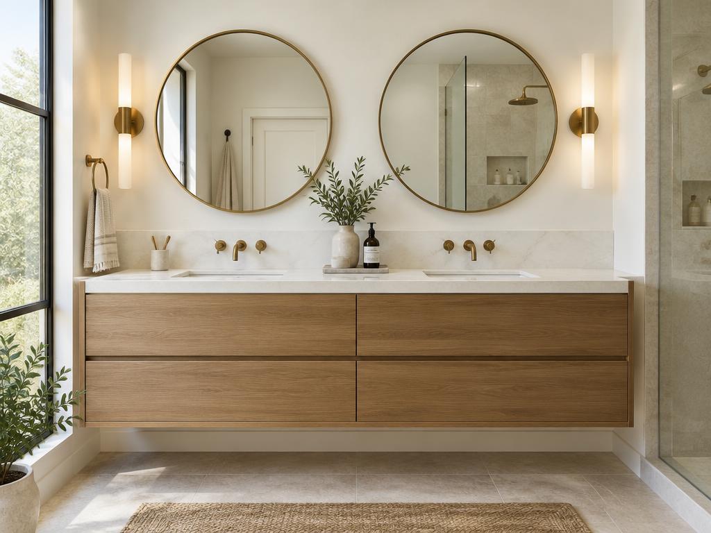 Floating double vanity with drawers, round mirrors and wall sconces
