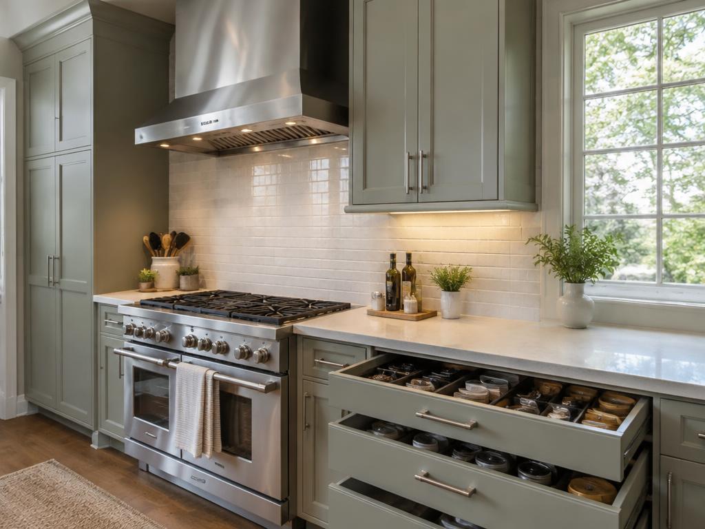Range with stainless wall hood, under-cabinet lighting and open drawer organizers