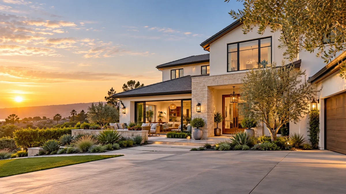 Southern California home with inviting indoor-outdoor living spaces at golden hour