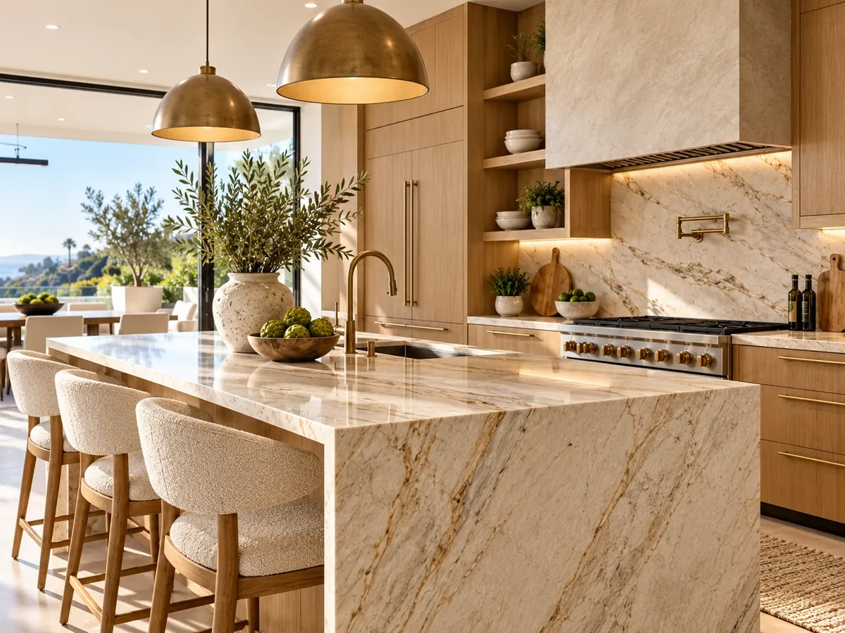 Bright kitchen with center island and warm wood finishes