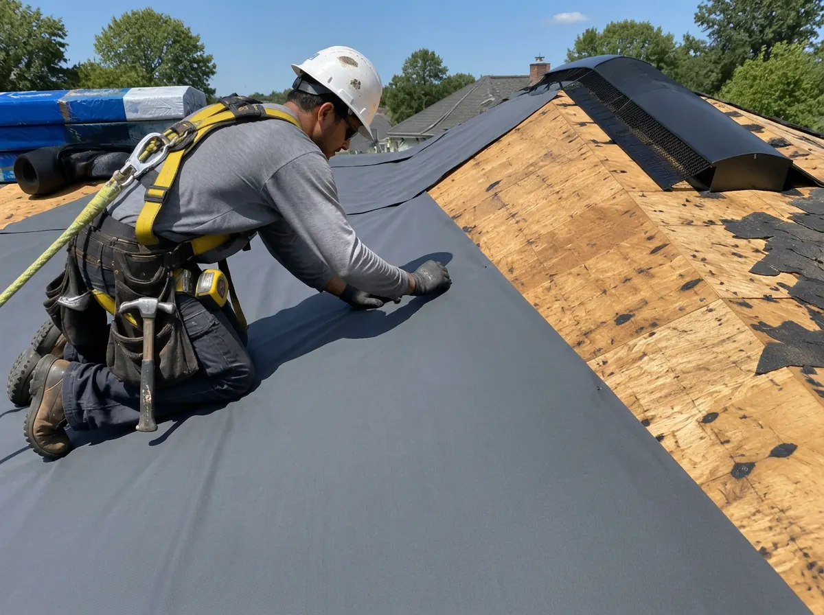 Roofer installing underlayment over exposed wood decking beside a ridge vent