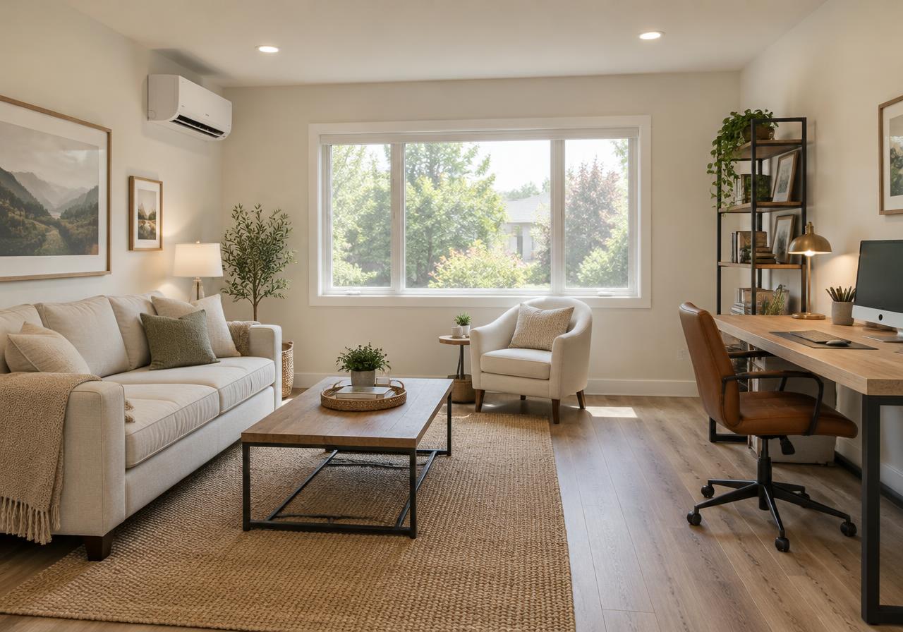 Converted garage interior with a large window, wood-look floor and a wall-mounted mini-split
