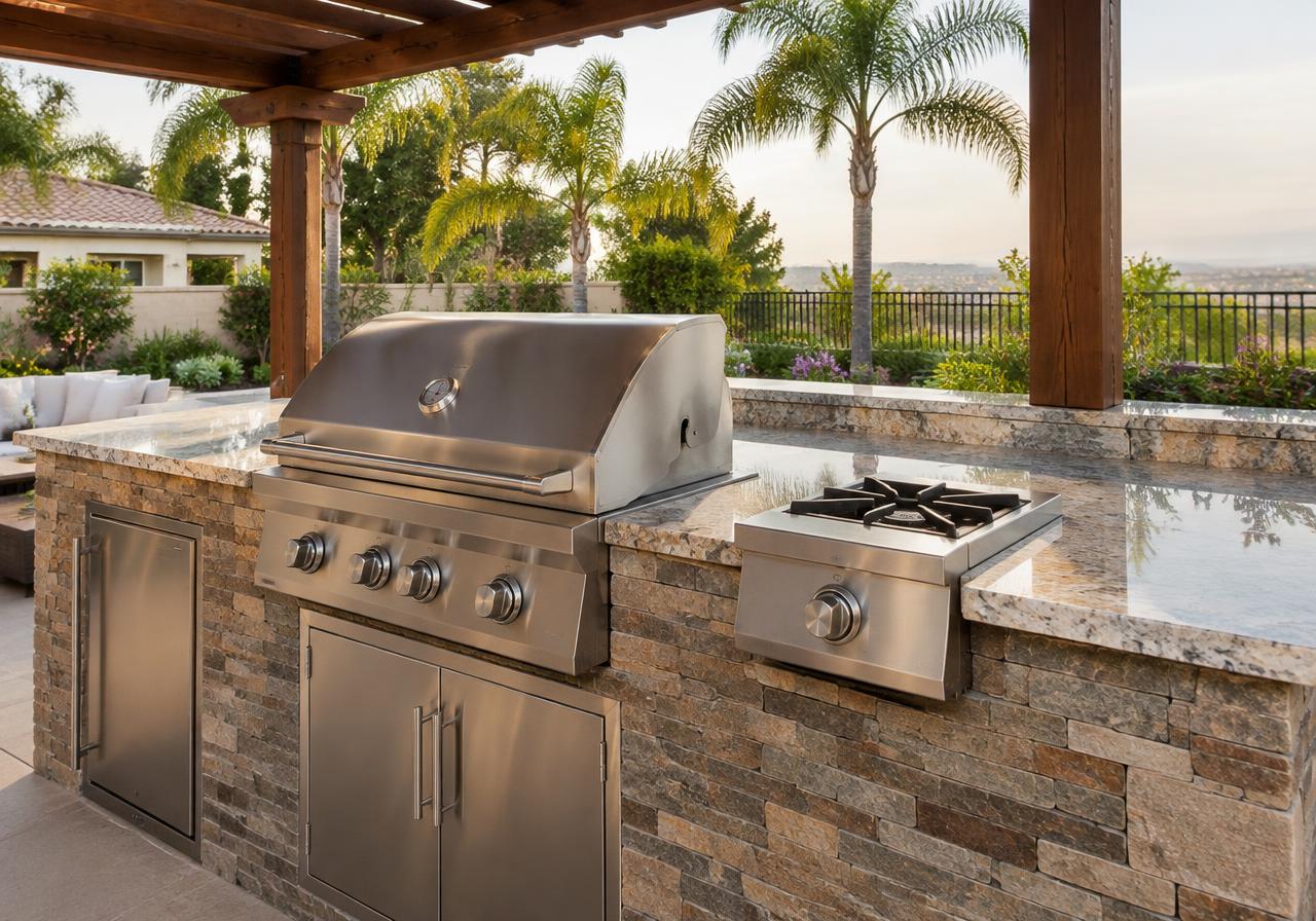 Outdoor counter with a stainless grill, side burner and stone base under a wood pergola