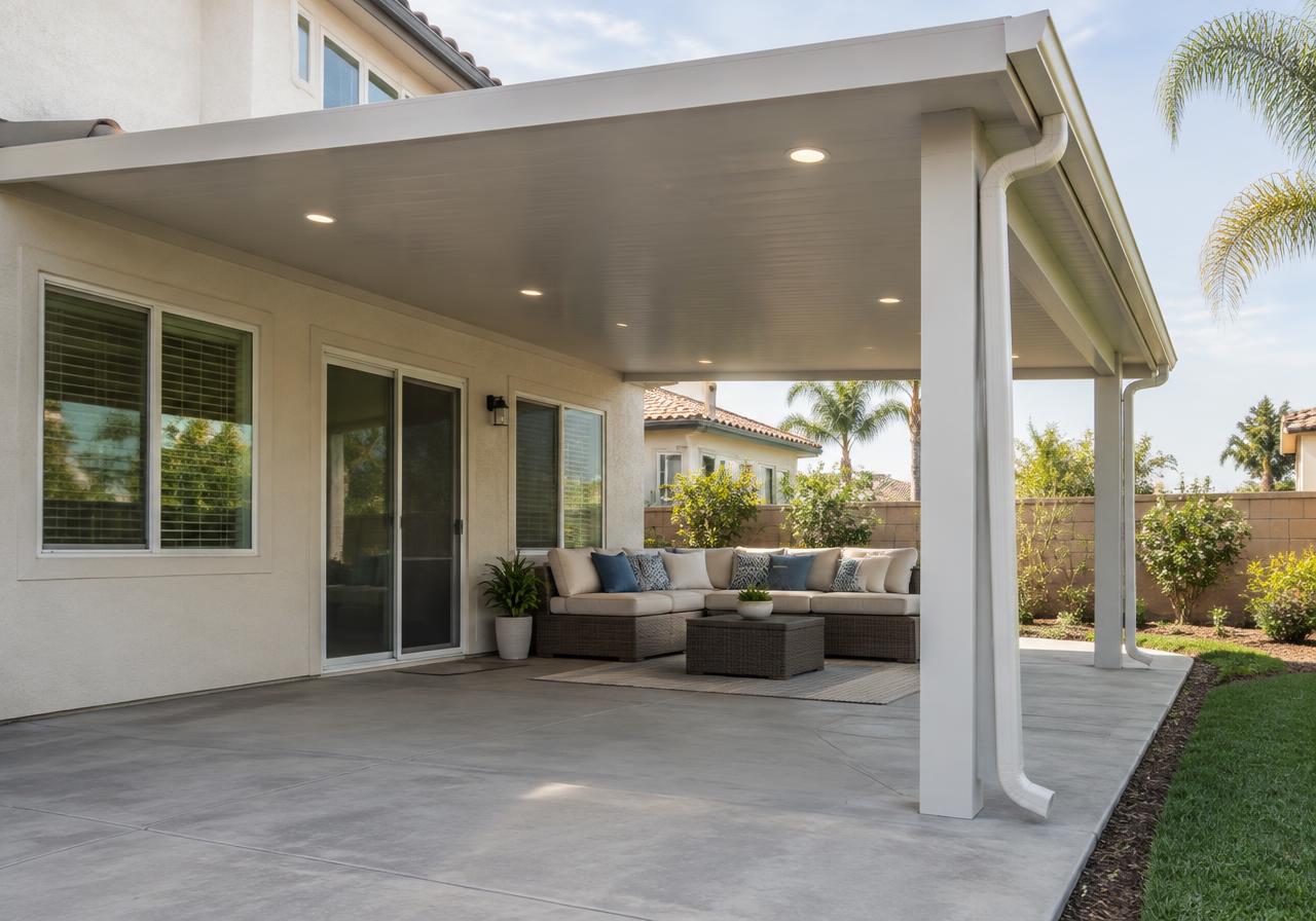 Solid attached patio cover with recessed lights and a gutter over a concrete patio