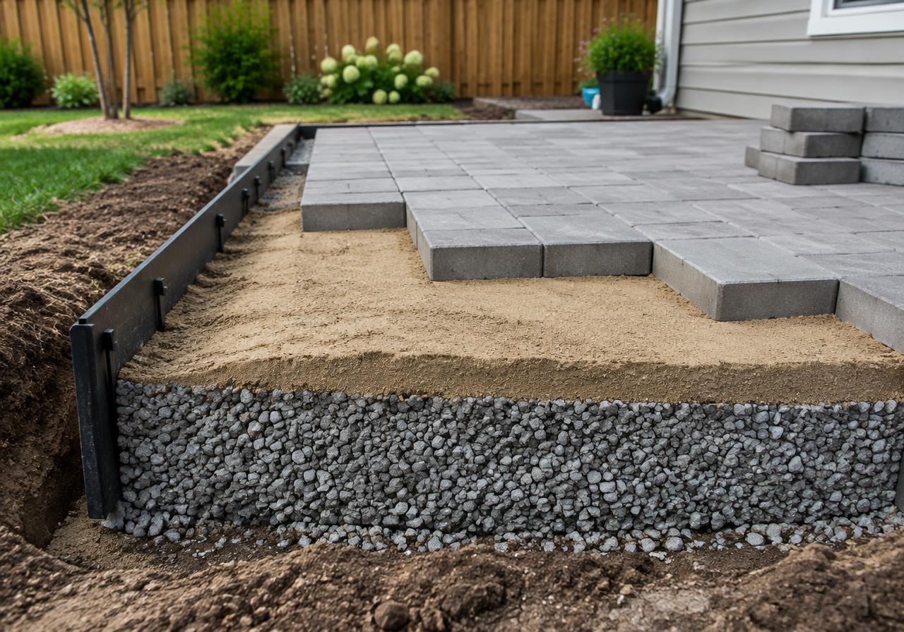 Paver installation showing compacted gravel base, sand bedding, edge restraint and laid pavers