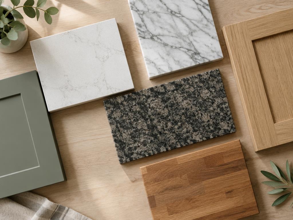 Illustrative countertop and cabinet door material samples