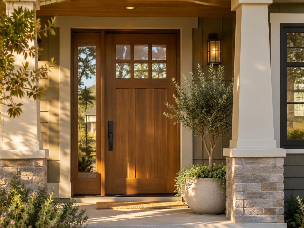 Illustrative wood entry door with sidelight on a craftsman-style home