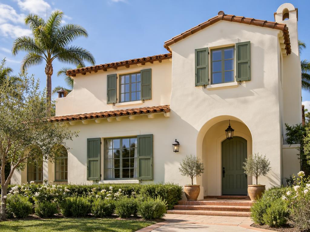 Illustrative freshly painted stucco home exterior