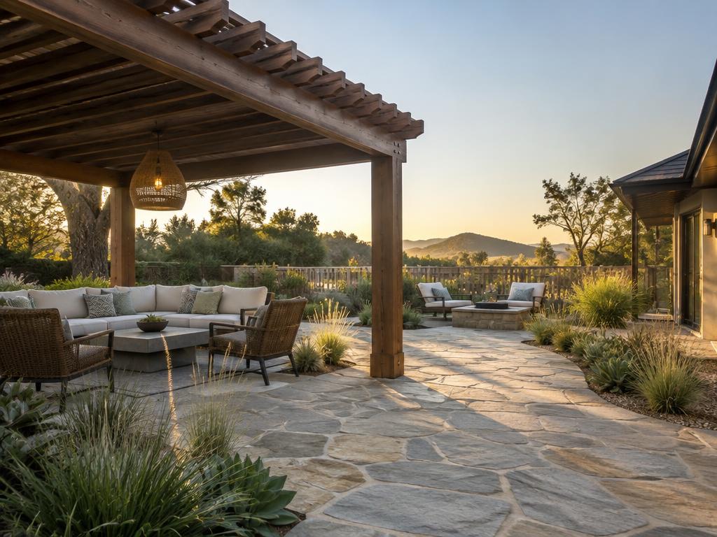 Illustrative outdoor living patio with seating and landscaping