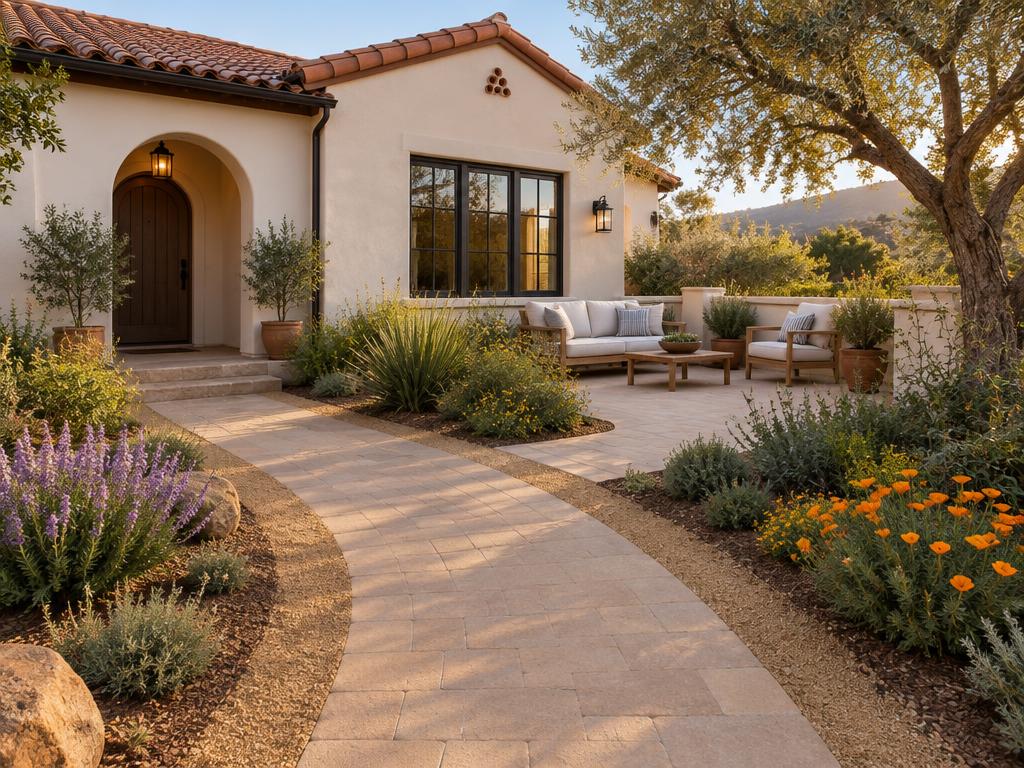 Paver patio with pathways and planted borders