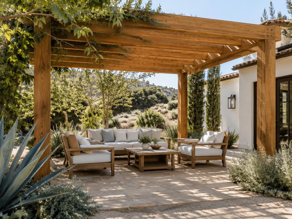 Natural wood pergola with beams and rafters over seating