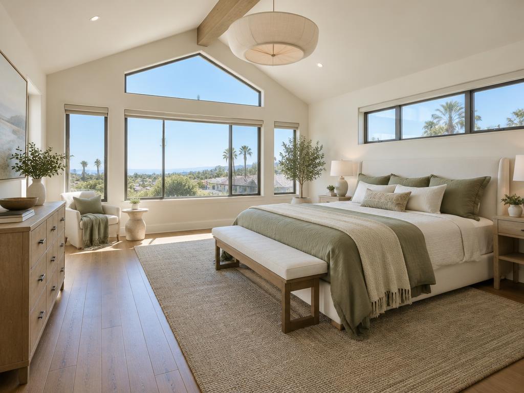 Illustrative bright upper-floor bedroom with vaulted ceiling