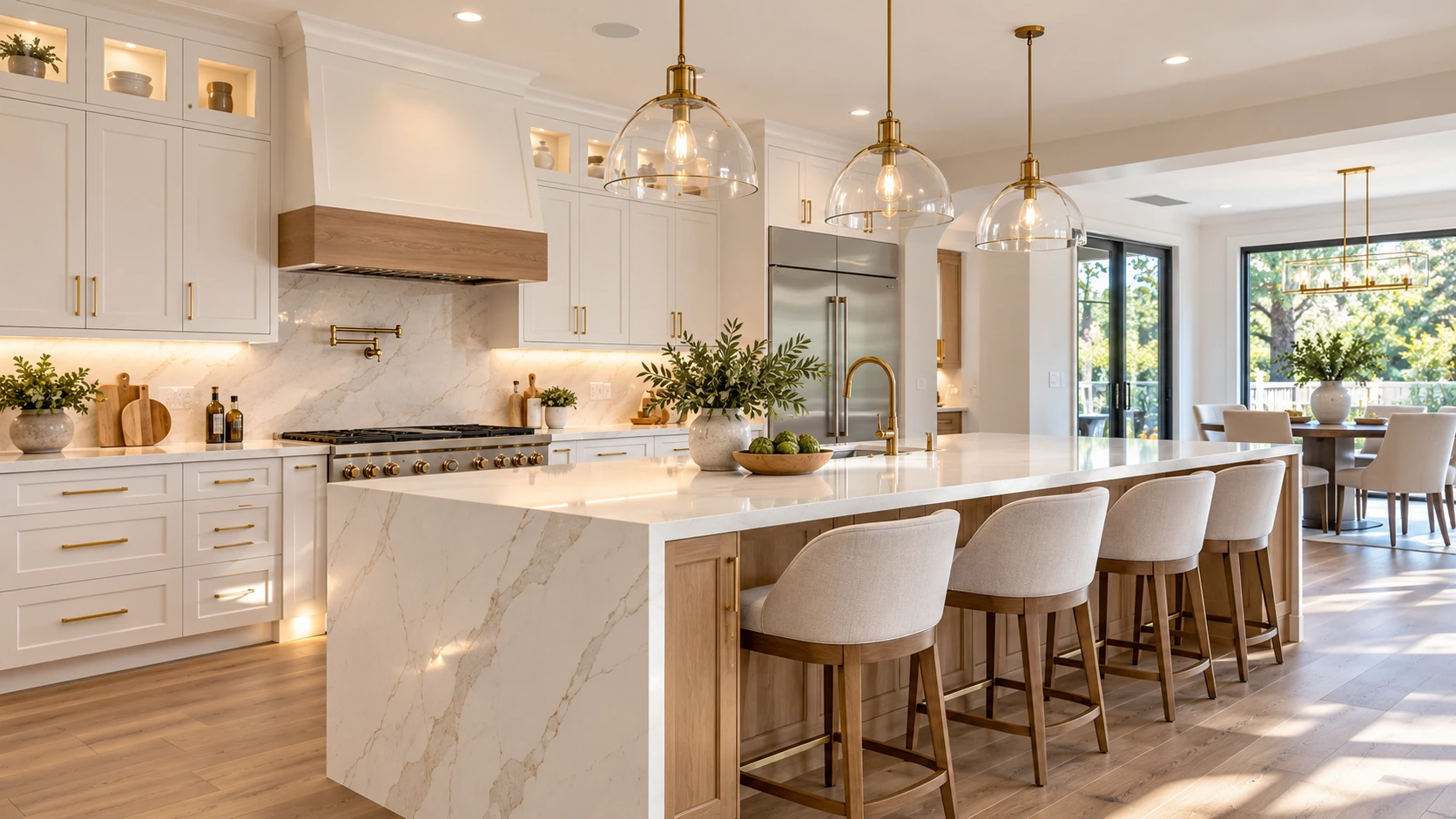 Illustrative contemporary kitchen with a spacious marble island, light cabinetry and warm wood accents